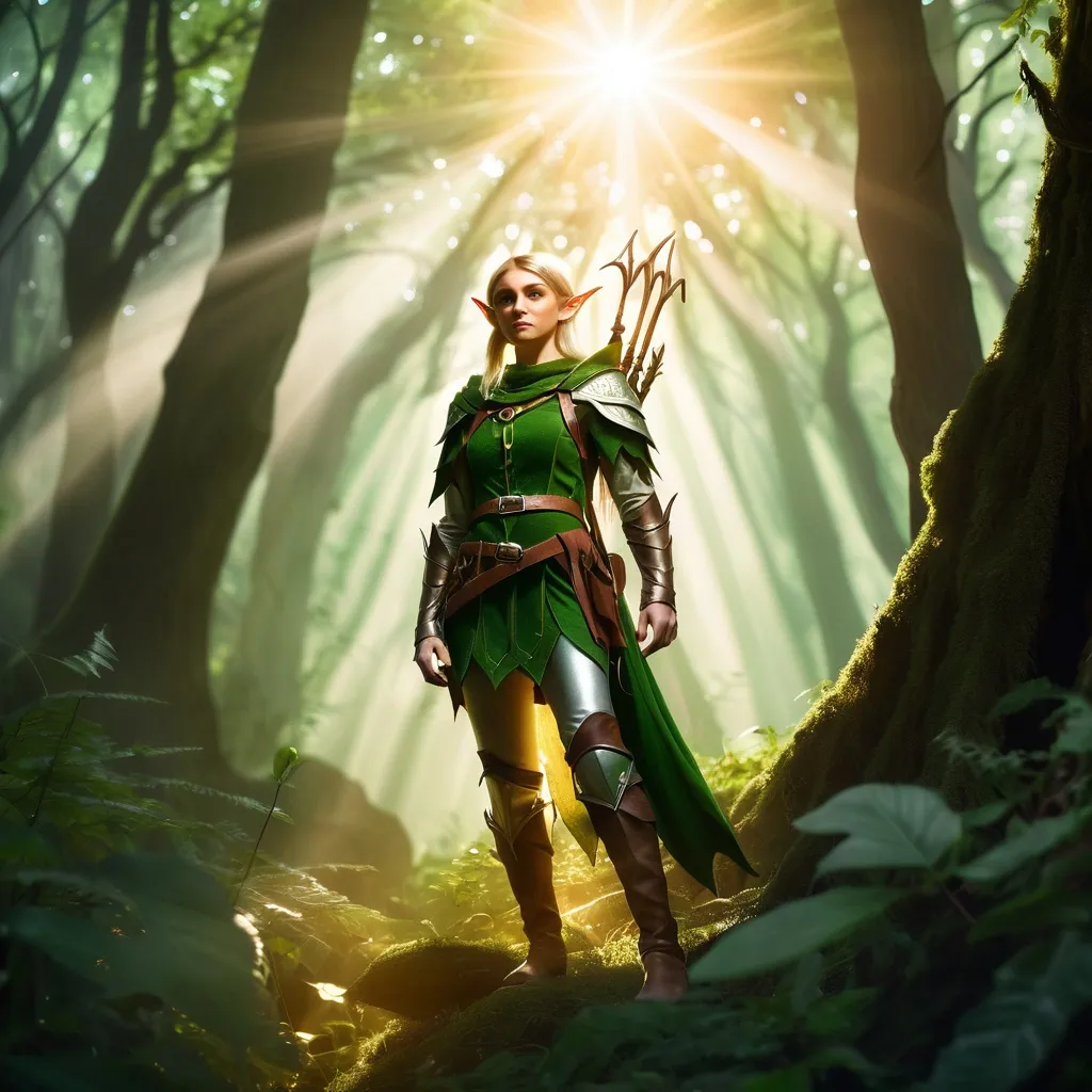 Prompt: Elf ranger in a mystical forest around sunlight