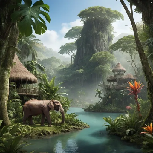 Prompt: Please create a place that is full of exotic plant with tropical wildlife is lingering around.
There is a highland, lowland, wetland and seaside in the image.
The location setting in the tropic rainforest.
The exotic animal in the unusual colors.
a jungle cruise and CGI to enhance the dept of the image
