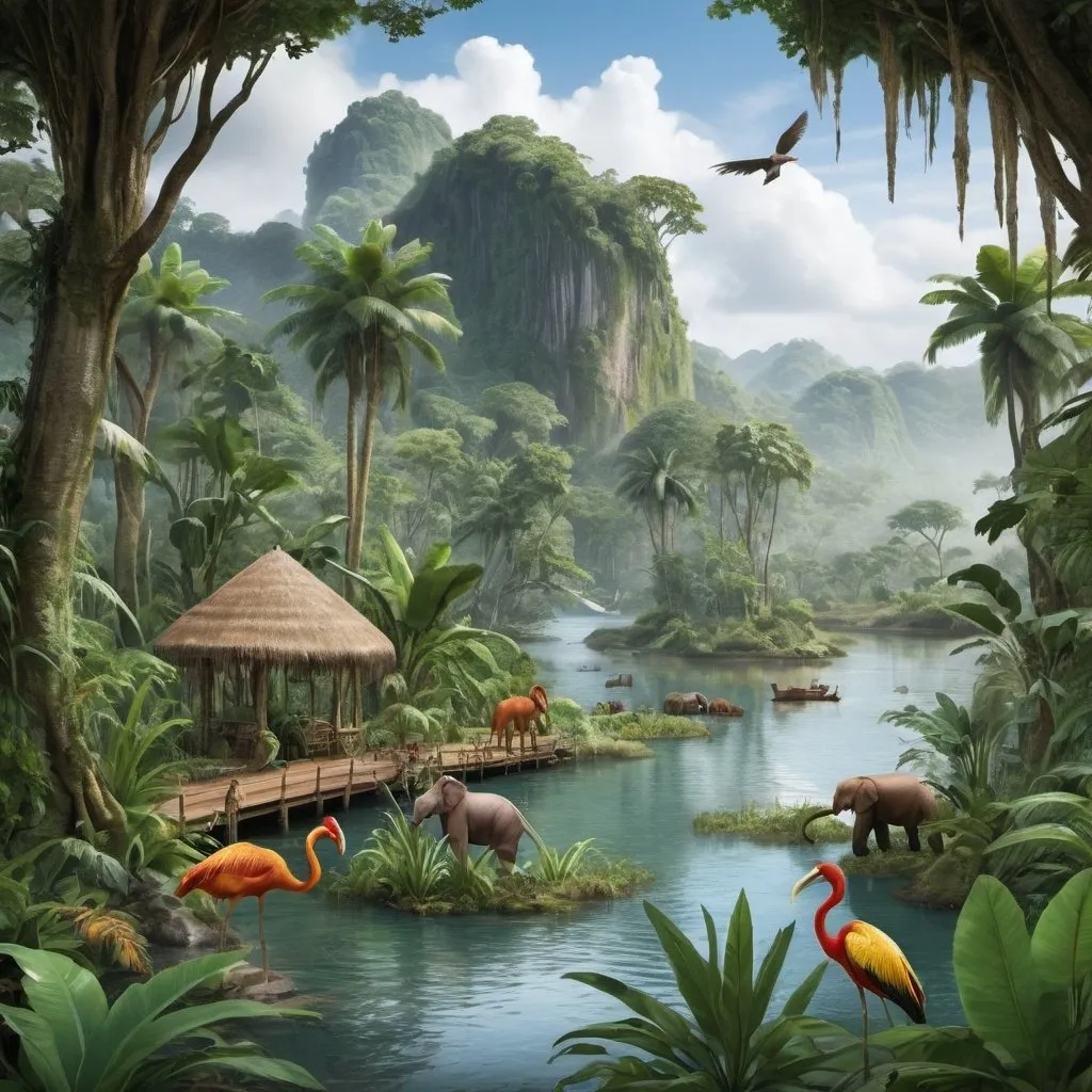 Prompt: Please create a place that is full of exotic plant with tropical wildlife is lingering around.
There is a highland, lowland, wetland and seaside in the image.
The location setting in the tropic rainforest.
The exotic animal in the usually color.
in the river there will have a jungle cruise