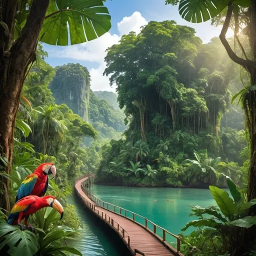 Prompt: Exotic tropical rainforest with diverse wildlife, lush highlands, vibrant lowlands, tranquil wetlands, and picturesque seaside, colorful exotic animals, dense foliage, serene jungle river cruise, high quality, tropical, vibrant colors, diverse wildlife, lush landscape, tropical rainforest setting, detailed foliage, picturesque seaside, atmospheric lighting