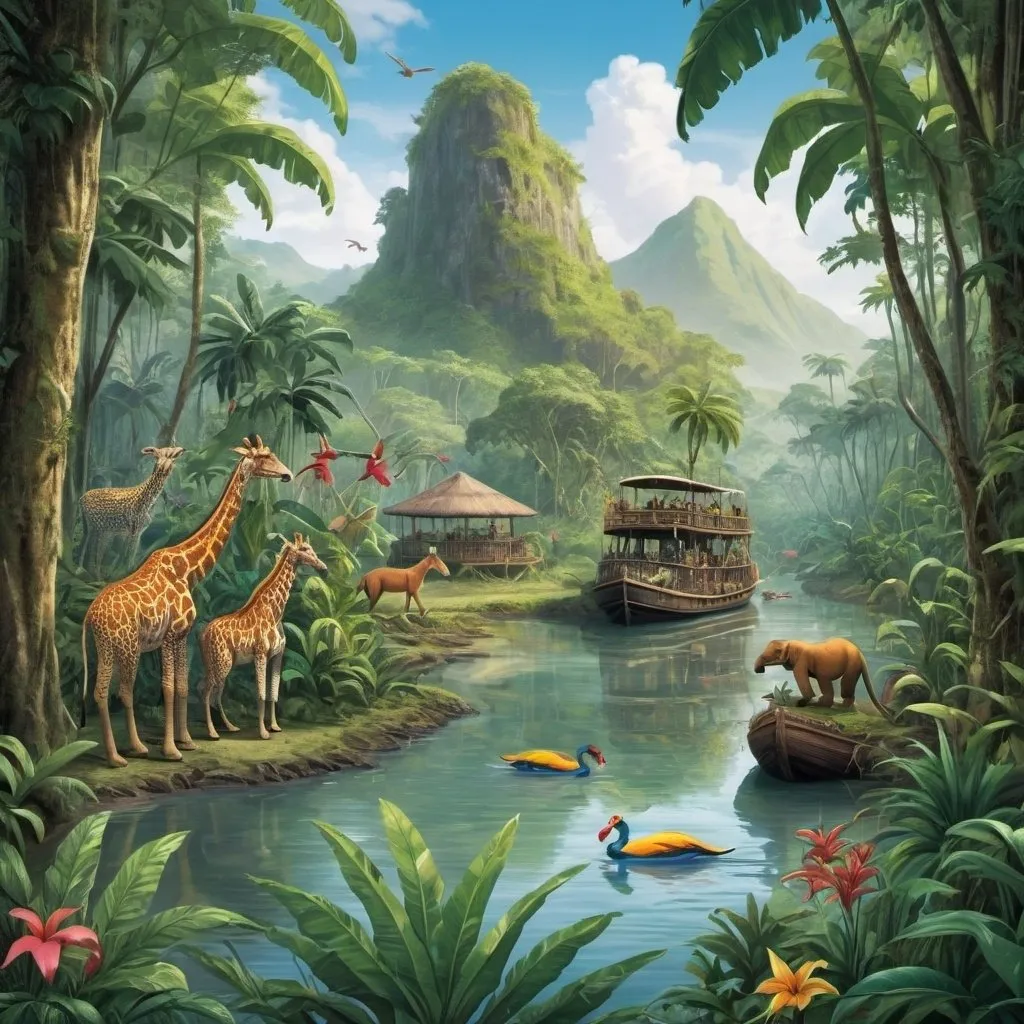 Prompt: Please create a place that is full of exotic plant with tropical wildlife is lingering around.
There is a highland, lowland, wetland and seaside in the image.
The location setting in the tropic rainforest.
The exotic animal in the unusual colors.
 a jungle cruise is cruising in the river