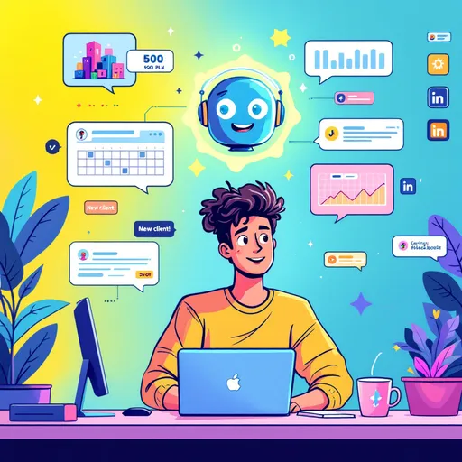 Prompt: Cartoon-style illustration of a young social media manager sitting at a modern desk with a laptop and smartphone. Above them floats a friendly AI assistant in the form of a glowing holographic bot, multitasking: writing a creative Instagram post, scheduling content on a digital calendar, analyzing engagement with graphs, and replying to messages in chat bubbles. The workspace is colorful and tech-inspired, with icons of social media platforms (Instagram, TikTok, Facebook, LinkedIn) on digital screens. A notification pops up saying 'New client!' or 'Earnings: 500 PLN'. Comic-style lines, bright colors (blues, pinks, purples), and playful energy. Clean, modern, and visually dynamic
