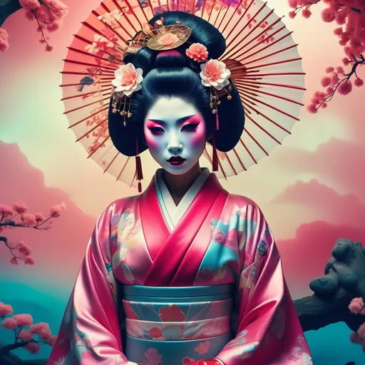 Prompt: (beautiful statuesque mysterious dystopian Geisha), (David LaChapelle inspired), pop surrealism, orientalism, vibrant colors, colorized photo, gum dichromatic technique, striking contrasts, ethereal atmosphere, dreamlike qualities, intricate details in traditional garments, hauntingly elegant pose, visually captivating backdrop blending traditional and futuristic elements, 4K ultra-detailed, cinematic depth.