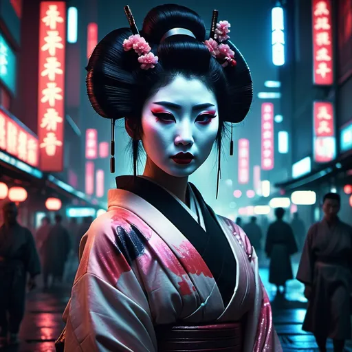 Prompt: A dystopian Geisha. Statuesque, beautiful and gazing directly at the camera juxtaposed with a vast Bladerunner city. Sensual. Emotional. Night. Gum dichromatic. 8k.