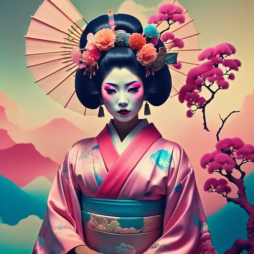 Prompt: (beautiful statuesque mysterious dystopian Geisha), (David LaChapelle inspired), pop surrealism, orientalism, vibrant colors, colorized photo, gum dichromatic technique, striking contrasts, ethereal atmosphere, dreamlike qualities, intricate details in traditional garments, hauntingly elegant pose, visually captivating backdrop blending traditional and futuristic elements, 4K ultra-detailed, cinematic depth.