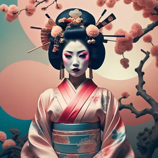 Prompt: (beautiful statuesque mysterious dystopian Geisha), (David LaChapelle inspired), pop surrealism, orientalism, muted ambient colors, old photo, gum dichromatic technique, striking contrasts, ethereal atmosphere, dreamlike qualities, intricate details in traditional garments, hauntingly elegant pose, visually captivating backdrop blending traditional and futuristic elements, 4K ultra-detailed, cinematic depth.