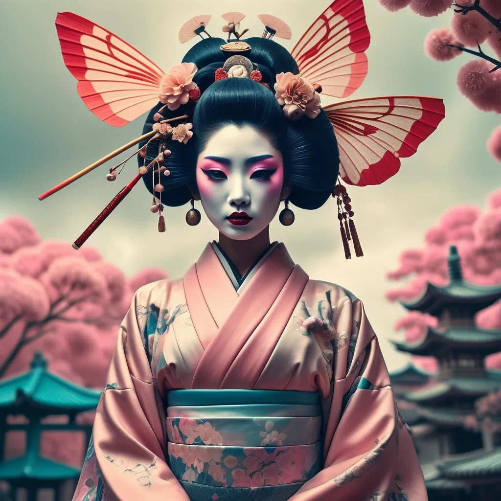 Prompt: (beautiful statuesque mysterious dystopian Geisha), (David LaChapelle inspired), pop surrealism, orientalism, muted ambient colors, old photo, gum dichromatic technique, striking contrasts, ethereal atmosphere, dreamlike qualities, intricate details in traditional garments, hauntingly elegant pose, visually captivating backdrop blending traditional and futuristic elements, 4K ultra-detailed, cinematic depth.