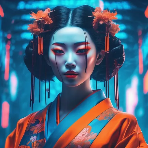 Prompt: futuristic-vaporwave style, (beautiful dystopian Geisha), cool color scheme, (dark orange and blue), expressionism, dynamic contrasts of light and shadow, sharp details, cinematic depth, ethereal atmosphere, surreal backgrounds, vintage aesthetics, intricate patterns, high-quality 4K resolution, mesmerizing visuals, emotional undertones, capturing a chilling yet alluring essence.