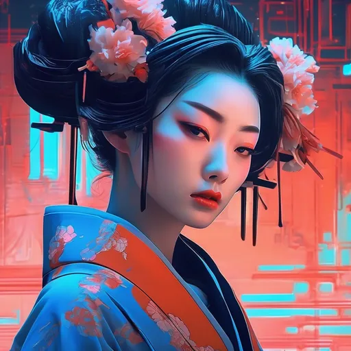 Prompt: futuristic-vaporwave style, (beautiful dystopian Geisha), cool color scheme, (dark orange and blue), expressionism, dynamic contrasts of light and shadow, sharp details, cinematic depth, ethereal atmosphere, surreal backgrounds, vintage aesthetics, intricate patterns, high-quality 4K resolution, mesmerizing visuals, emotional undertones, capturing a chilling yet alluring essence.