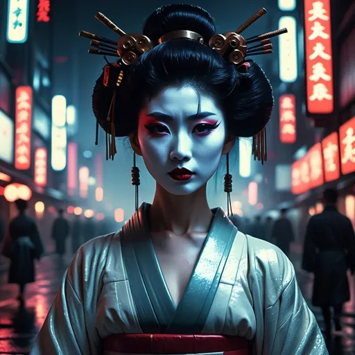 Prompt: A dystopian Geisha. Statuesque, beautiful and gazing directly at the camera juxtaposed with a vast Bladerunner city. Sensual. Emotional. Night. Gum dichromatic. 8k.