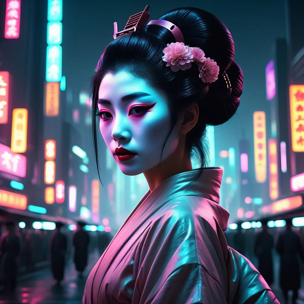 Prompt: (a mysterious dystopian Geisha), statuesque and beautiful, gazing directly at the camera, set against a vast Bladerunner city, (sensual and emotional atmosphere), ambient gum dichromatic colors, (cinematic lighting casting shadows), night scene filled with ambient glows, urban skyline, intricate details, ultra-detailed, 8k resolution, an intriguing blend of tradition and futurism.