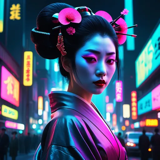 Prompt: (a mysterious dystopian Geisha), statuesque and beautiful, gazing directly at the camera, set against a vast Bladerunner city, (sensual and emotional atmosphere), vivid gum dichromatic colors, (cinematic lighting casting shadows), night scene filled with neon glows, urban skyline, intricate details, ultra-detailed, 8k resolution, an intriguing blend of tradition and futurism.