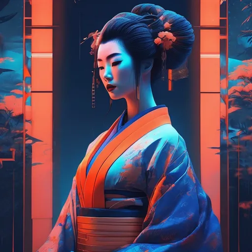 Prompt: futuristic-vaporwave style, (beautiful dystopian Geisha), cool color scheme, (dark orange and blue), expressionism, dynamic contrasts of light and shadow, sharp details, cinematic depth, ethereal atmosphere, surreal backgrounds, vintage aesthetics, intricate patterns, high-quality 4K resolution, mesmerizing visuals, emotional undertones, capturing a chilling yet alluring essence.