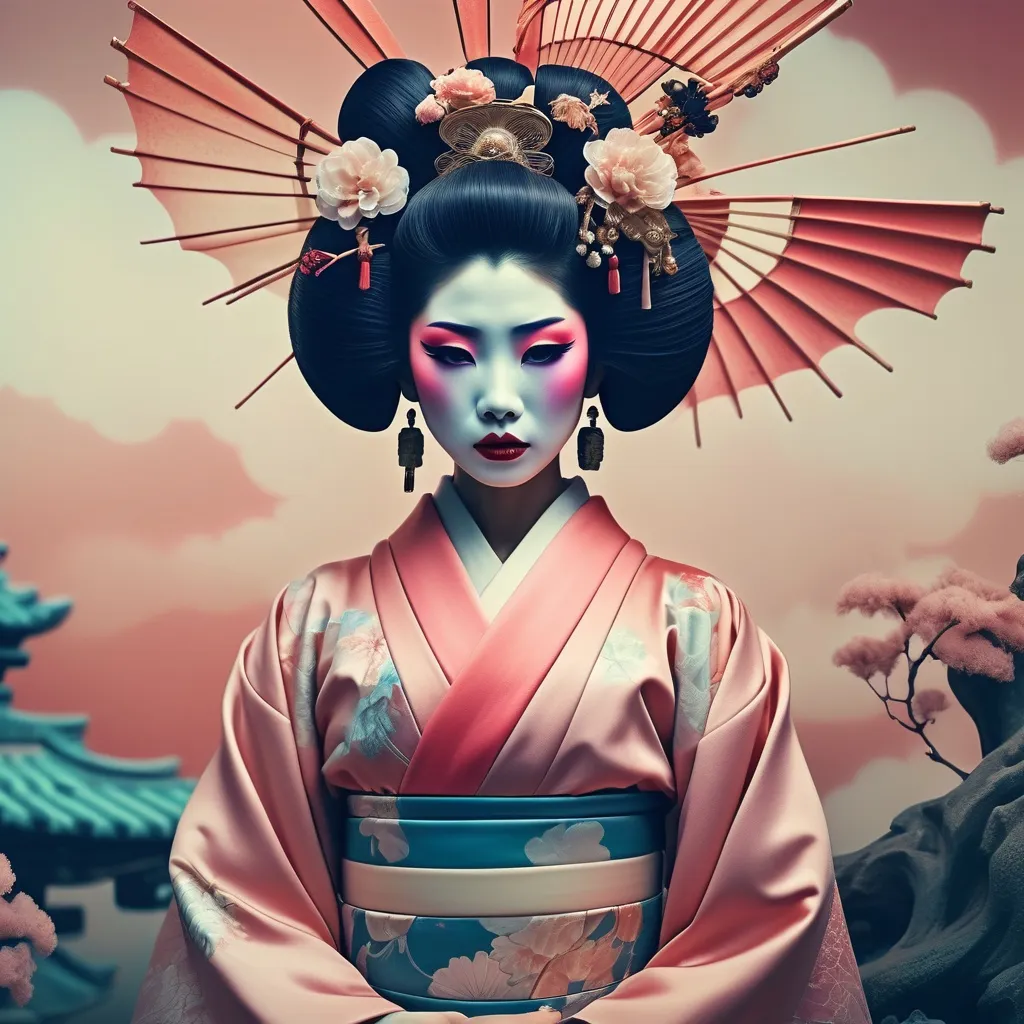 Prompt: (beautiful statuesque mysterious dystopian Geisha), (David LaChapelle inspired), pop surrealism, orientalism, muted ambient colors, old photo, gum dichromatic technique, striking contrasts, ethereal atmosphere, dreamlike qualities, intricate details in traditional garments, hauntingly elegant pose, visually captivating backdrop blending traditional and futuristic elements, 4K ultra-detailed, cinematic depth.