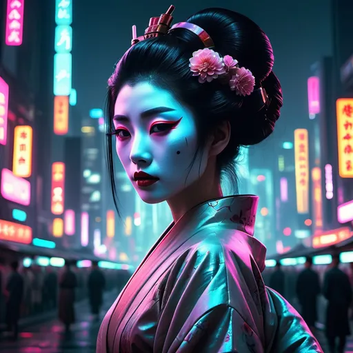 Prompt: (a mysterious dystopian Geisha), statuesque and beautiful, gazing directly at the camera, set against a vast Bladerunner city, (sensual and emotional atmosphere), ambient gum dichromatic colors, (cinematic lighting casting shadows), night scene filled with ambient glows, urban skyline, intricate details, ultra-detailed, 8k resolution, an intriguing blend of tradition and futurism.