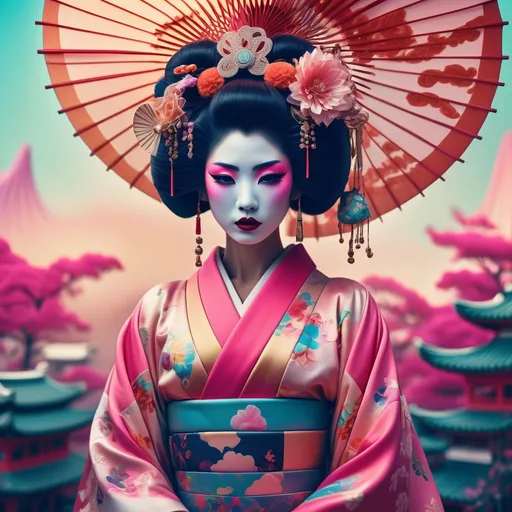 Prompt: (beautiful statuesque mysterious dystopian Geisha), (David LaChapelle inspired), pop surrealism, orientalism, vibrant colors, colorized photo, gum dichromatic technique, striking contrasts, ethereal atmosphere, dreamlike qualities, intricate details in traditional garments, hauntingly elegant pose, visually captivating backdrop blending traditional and futuristic elements, 4K ultra-detailed, cinematic depth.