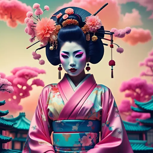 Prompt: (beautiful statuesque mysterious dystopian Geisha), (David LaChapelle inspired), pop surrealism, orientalism, vibrant colors, colorized photo, gum dichromatic technique, striking contrasts, ethereal atmosphere, dreamlike qualities, intricate details in traditional garments, hauntingly elegant pose, visually captivating backdrop blending traditional and futuristic elements, 4K ultra-detailed, cinematic depth.