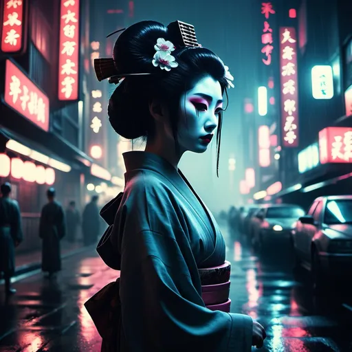 Prompt: A dystopian Geisha. Statuesque, beautiful juxtaposed with a vast Bladerunner city. Night. Gum dichromatic. 8k.