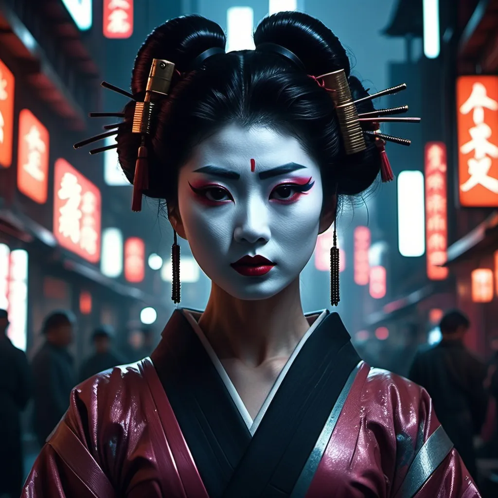 Prompt: A dystopian Geisha. Statuesque, beautiful and gazing directly at the camera juxtaposed with a vast Bladerunner city. Sensual. Emotional. Night. Gum dichromatic. 8k.