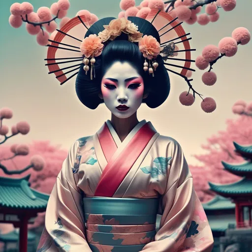 Prompt: (beautiful statuesque mysterious dystopian Geisha), (David LaChapelle inspired), pop surrealism, orientalism, muted ambient colors, old photo, gum dichromatic technique, striking contrasts, ethereal atmosphere, dreamlike qualities, intricate details in traditional garments, hauntingly elegant pose, visually captivating backdrop blending traditional and futuristic elements, 4K ultra-detailed, cinematic depth.