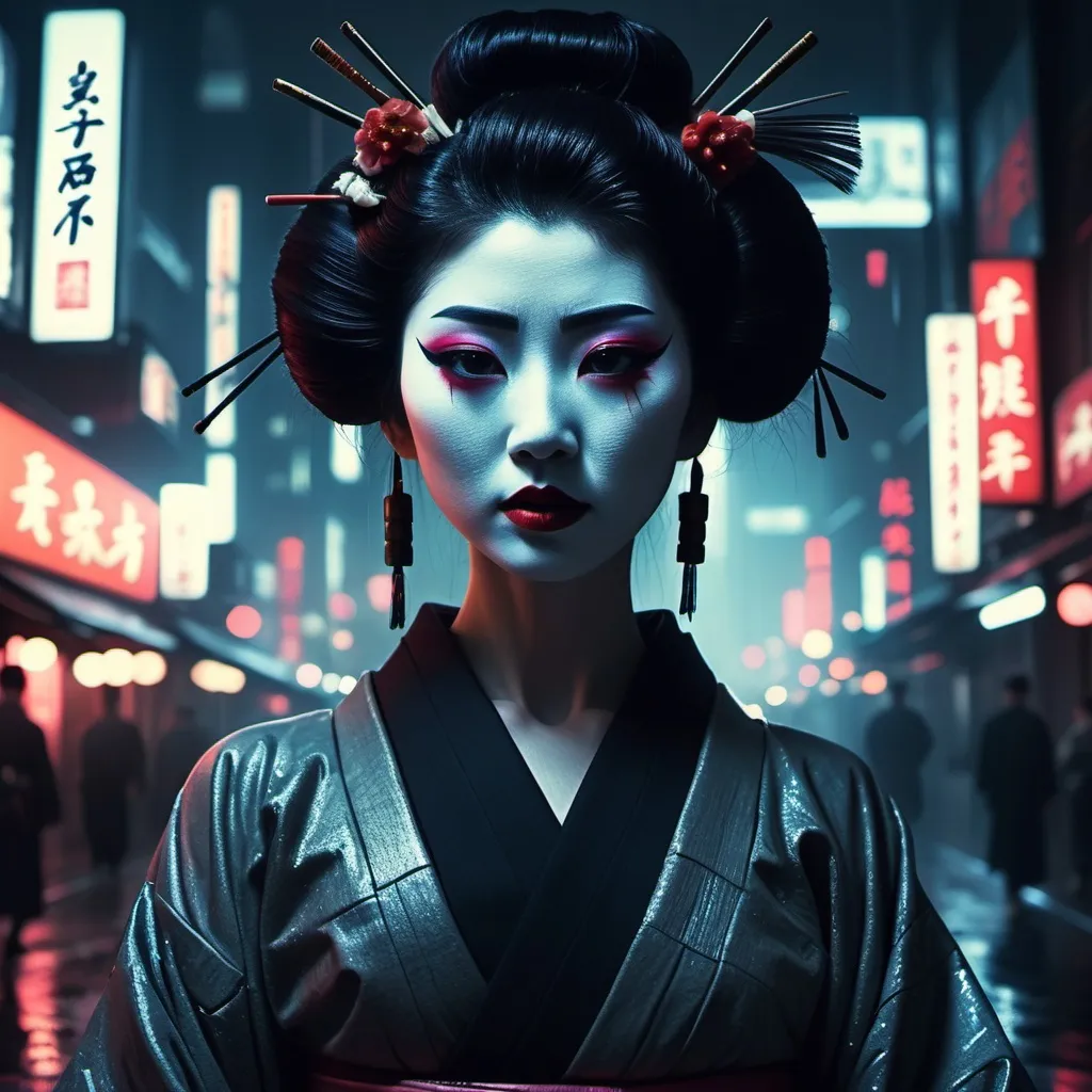 Prompt: A dystopian Geisha. Statuesque, beautiful and gazing directly at the camera juxtaposed with a vast Bladerunner city. Sensual. Emotional. Night. Gum dichromatic. 8k.