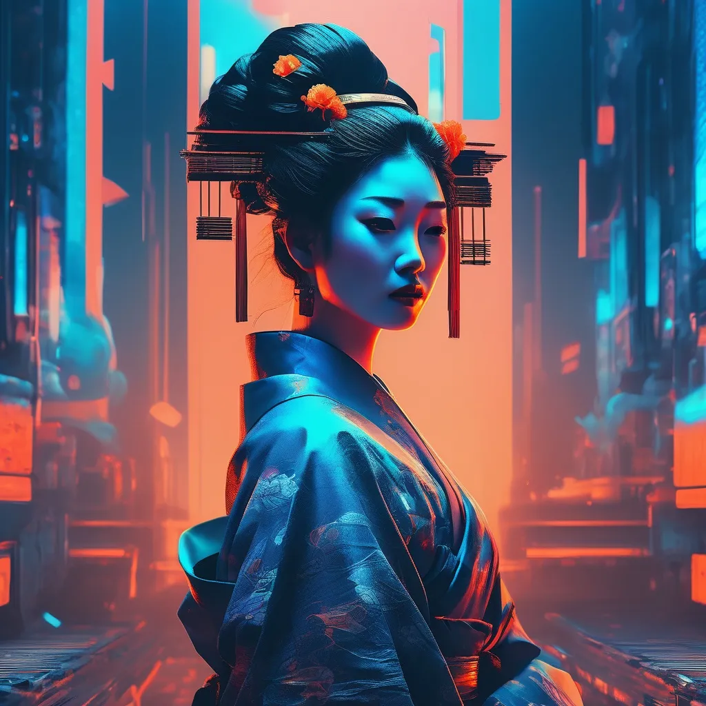 Prompt: futuristic-vaporwave style, (beautiful dystopian Geisha), cool color scheme, (dark orange and blue), expressionism, dynamic contrasts of light and shadow, sharp details, cinematic depth, ethereal atmosphere, surreal backgrounds, vintage aesthetics, intricate patterns, high-quality 4K resolution, mesmerizing visuals, emotional undertones, capturing a chilling yet alluring essence.