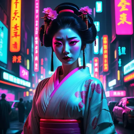 Prompt: (a mysterious dystopian Geisha), statuesque and beautiful, gazing directly at the camera, set against a vast Bladerunner city, (sensual and emotional atmosphere), vivid gum dichromatic colors, (cinematic lighting casting shadows), night scene filled with neon glows, urban skyline, intricate details, ultra-detailed, 8k resolution, an intriguing blend of tradition and futurism.