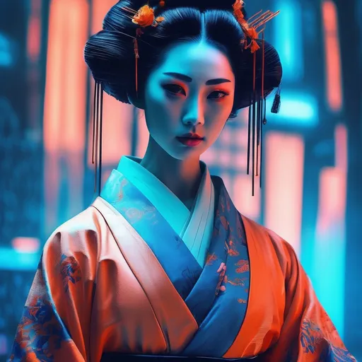 Prompt: futuristic-vaporwave style, (beautiful dystopian Geisha), cool color scheme, (dark orange and blue), expressionism, dynamic contrasts of light and shadow, sharp details, cinematic depth, ethereal atmosphere, surreal backgrounds, vintage aesthetics, intricate patterns, high-quality 4K resolution, mesmerizing visuals, emotional undertones, capturing a chilling yet alluring essence.