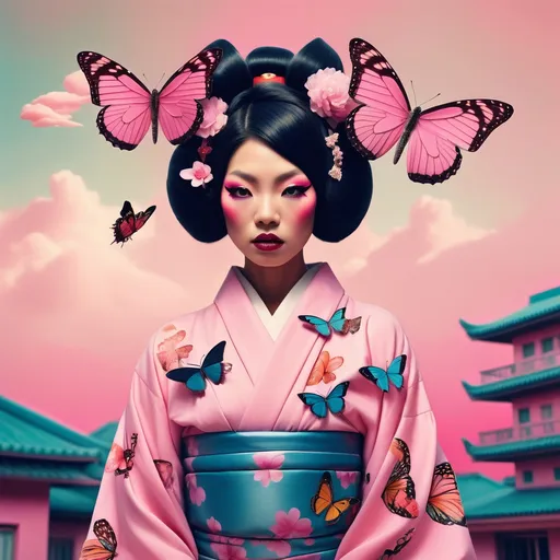 Prompt: a woman in a kimono with a butterfly on her head and a pink background with a building in the background, David LaChapelle, pop surrealism, orientalism, a colorized photo