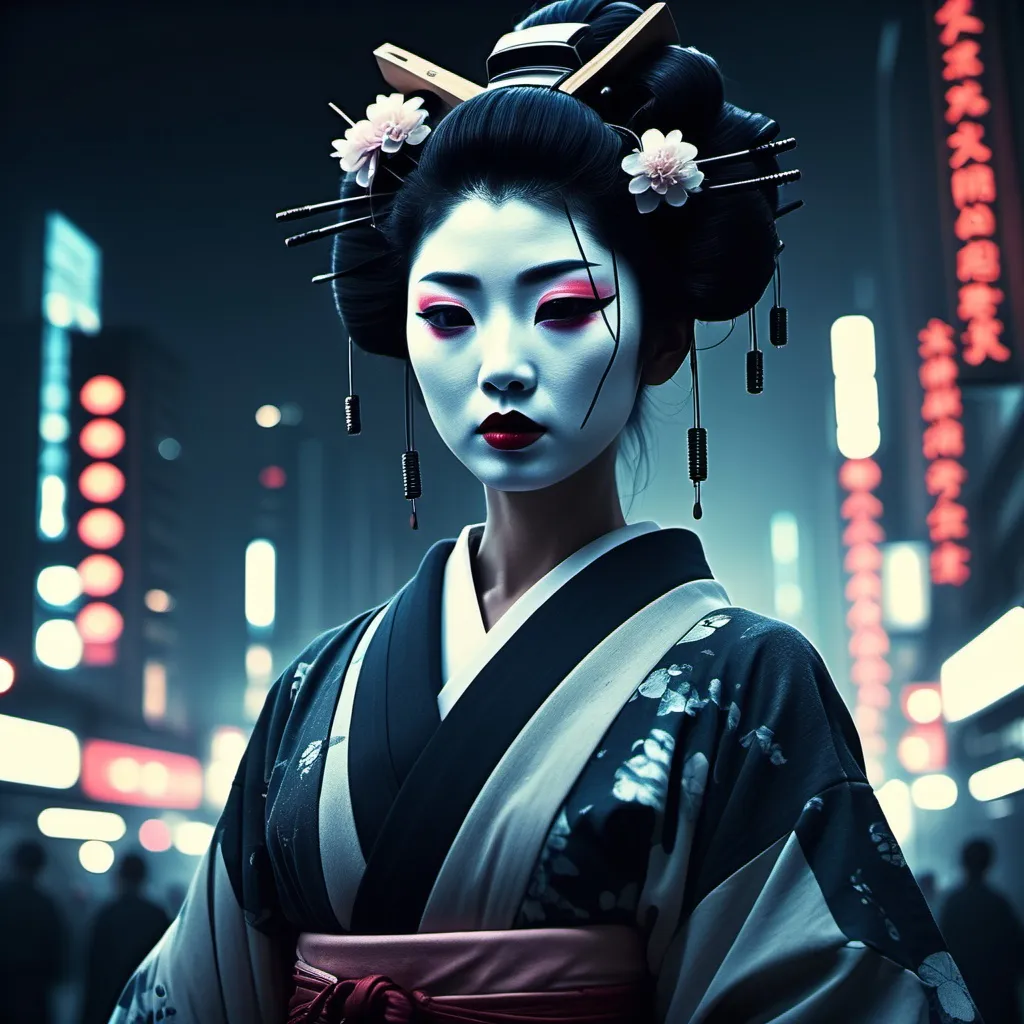 Prompt: A dystopian Geisha. Statuesque, beautiful juxtaposed with a vast Bladerunner city. Night. Gum dichromatic. 8k.