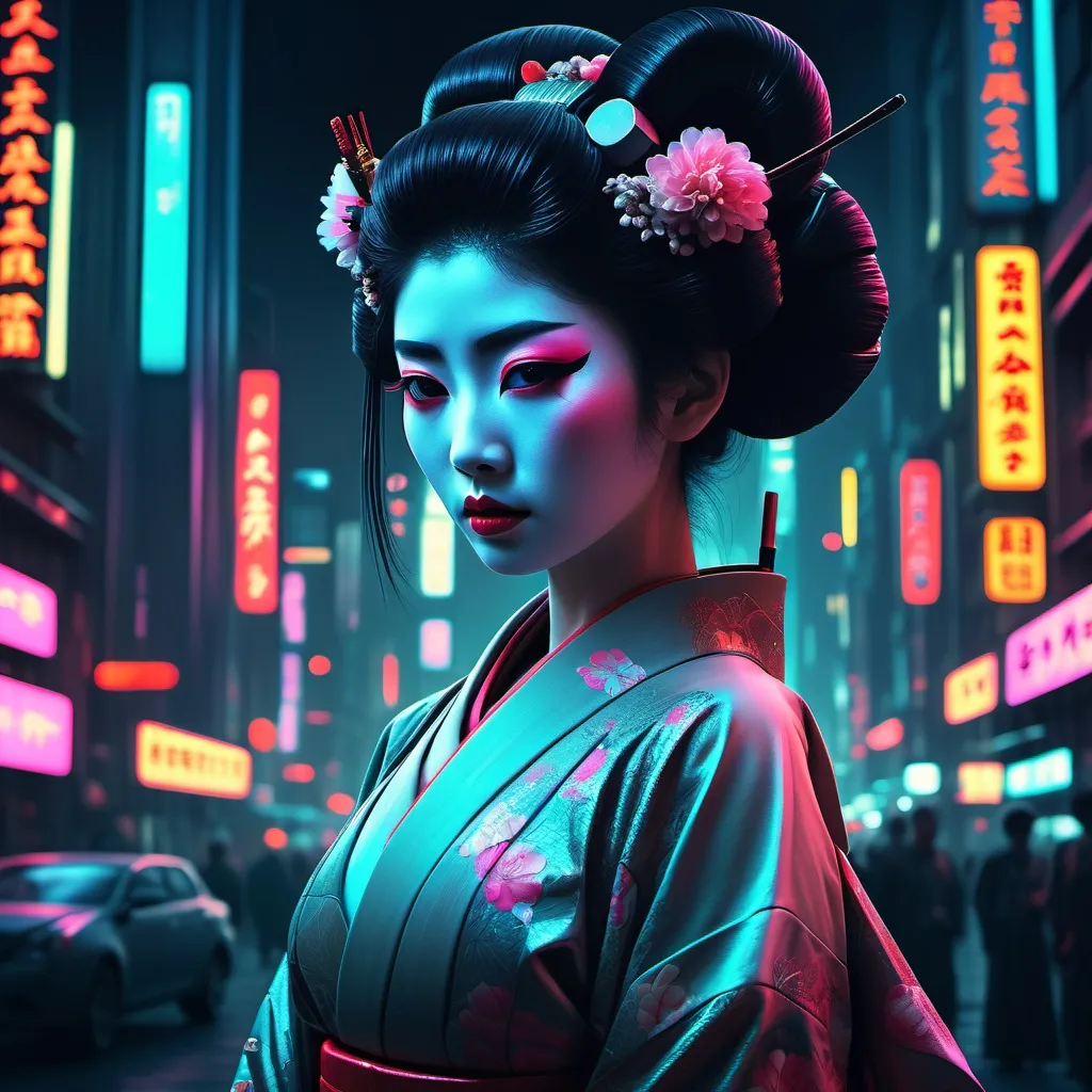 Prompt: (a mysterious dystopian Geisha), statuesque and beautiful, gazing directly at the camera, set against a vast Bladerunner city, (sensual and emotional atmosphere), ambient gum dichromatic colors, (cinematic lighting casting shadows), night scene filled with ambient glows, urban skyline, intricate details, ultra-detailed, 8k resolution, an intriguing blend of tradition and futurism.