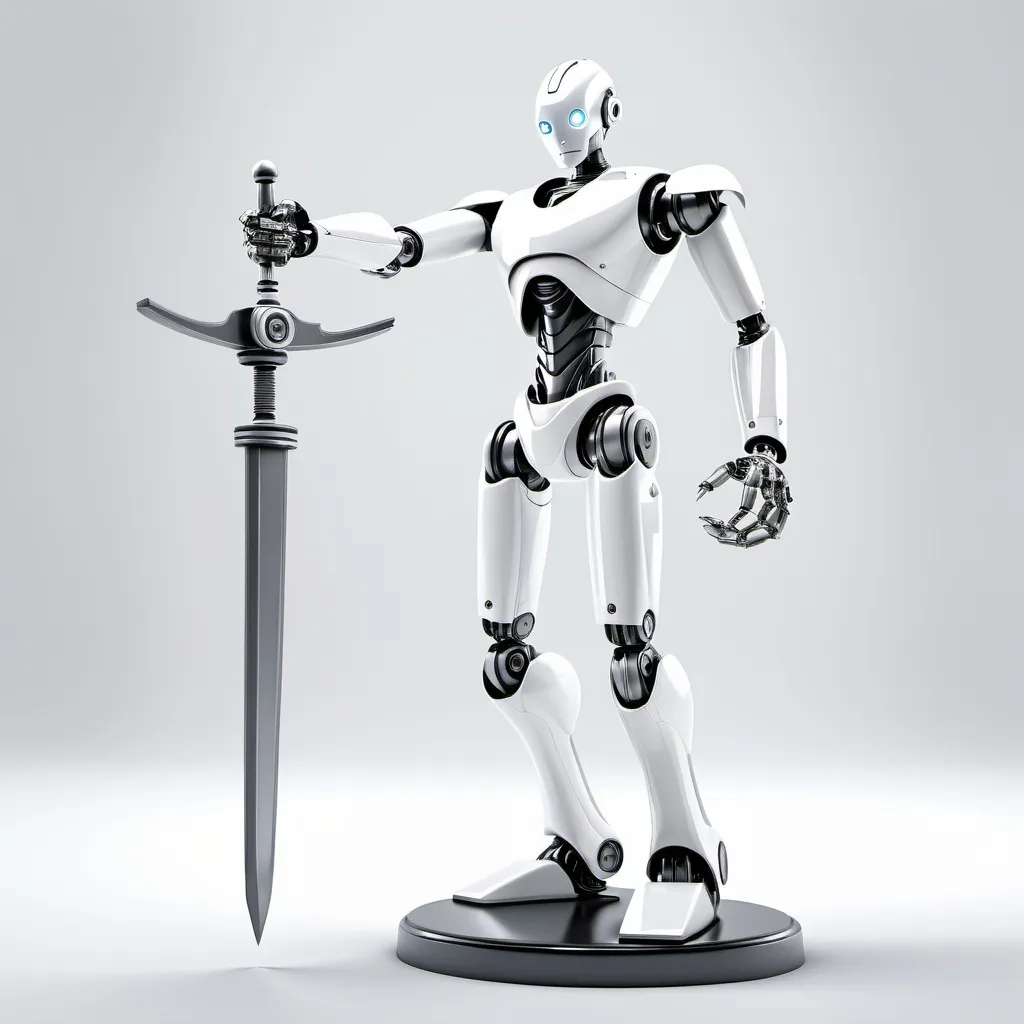 Prompt: a male android robot white or shiny very light gray gradient wide background robot carry in one hand a law scale of justice and in toher hand laser sword robot is located right bottom corner only seen up body