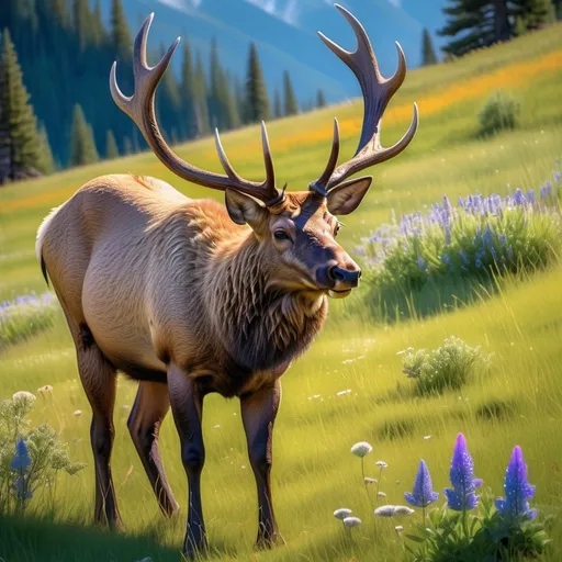 Prompt: (rocky mountain elk grazing), spring mountain meadow, lush green grass, colorful wildflowers, bright blue sky, soft sunlight illuminating the scene, serene and peaceful atmosphere, high detail fur texture, majestic antlers, vibrant verdant tones, tranquil nature scene, ultra-detailed, photorealistic, captivating wildlife experience