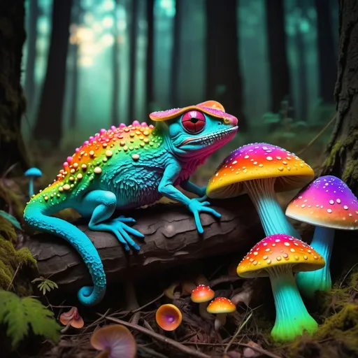 Prompt: chamelon chilling in a colorfulforest of phycedelic mushrooms in a dark forest