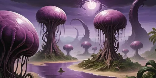 Prompt: Eldritch horror, Meat flower, high definition, alien, corrupted trees, purple water, jungle, thick