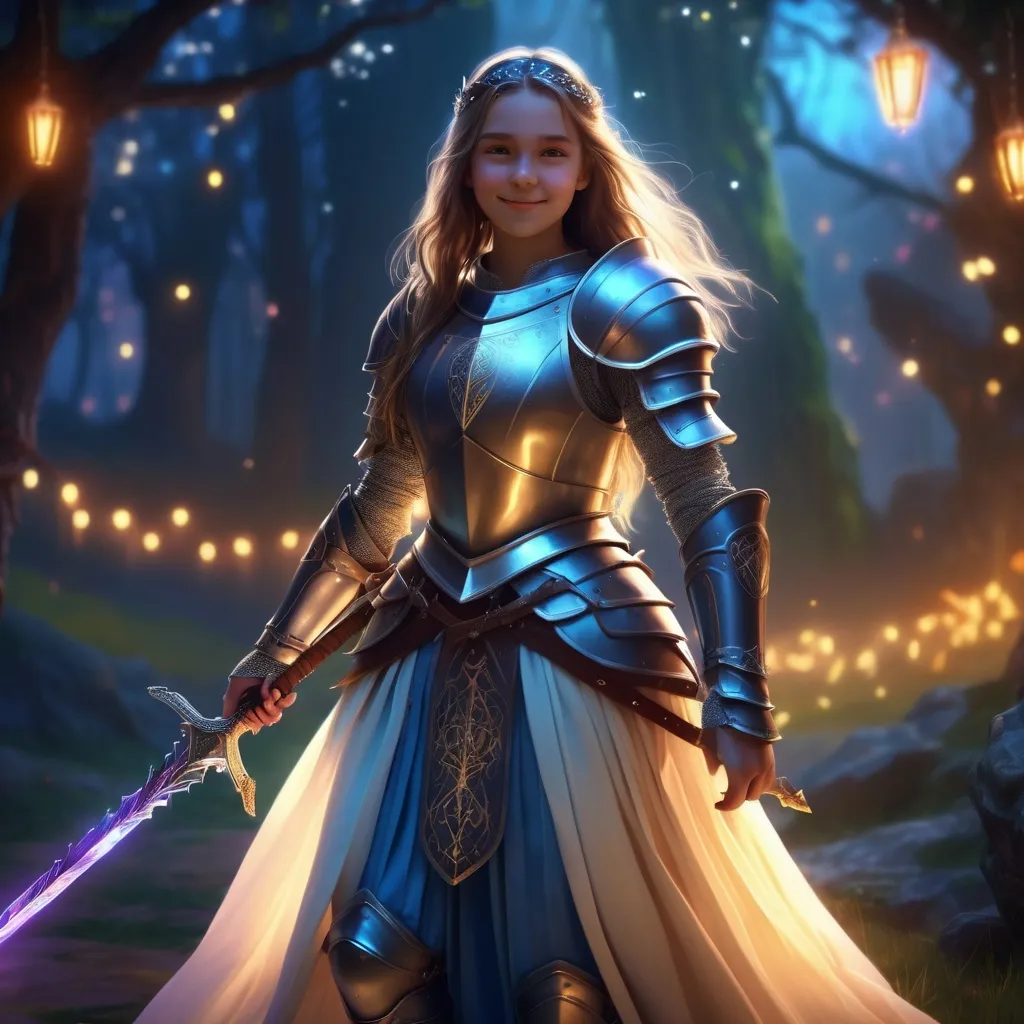 Prompt: 18 year old girl,  beautiful,  cute,  long loose hair,  dressed as knight,  British,  holding long sword, glowing sigil on armor,  skirt , 4k, magical scene,  epic atmosphere,  young,  circlet, grin