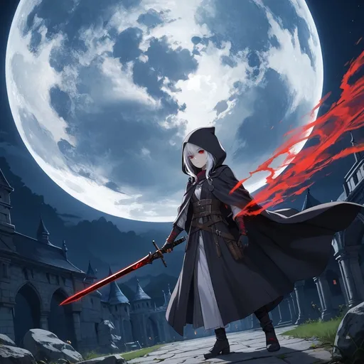 Prompt: Assassin,  girl, under full moon,  hooded cloak,  white hair,  red eyes, highly detailed,  4k, beautiful aura