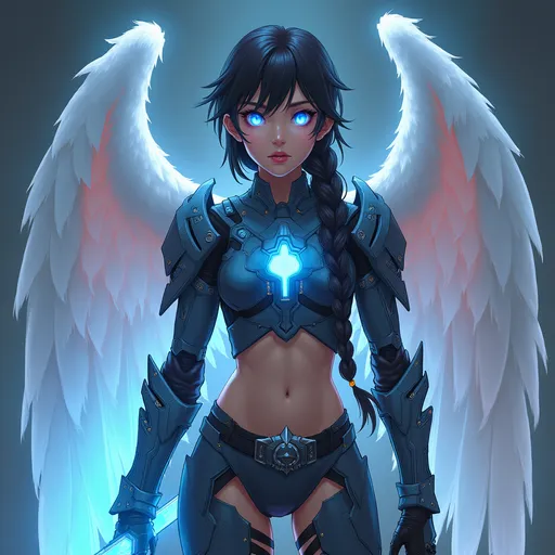 Prompt: Young,  cybernetic angel,  long braid,  glowing eyes,  neon glow,  energy sword on wrist,  bare navel,  body armor,  epic scene