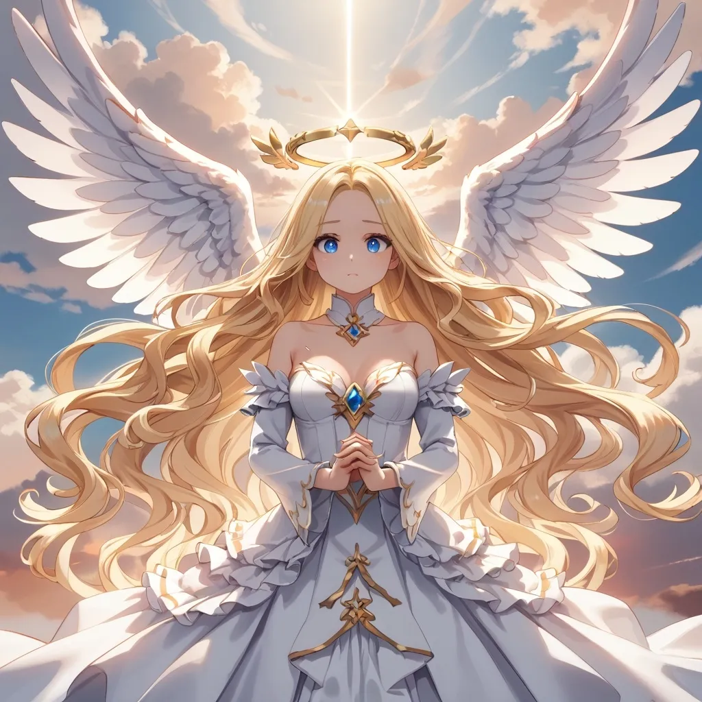 Prompt: Ultra-detailed,  4k, angel girl,  gorgeous,  long flowing hair,  golden light behind her,  holding arms out  flying in the sky,  captivating scene,  awe inspiring atmosphere