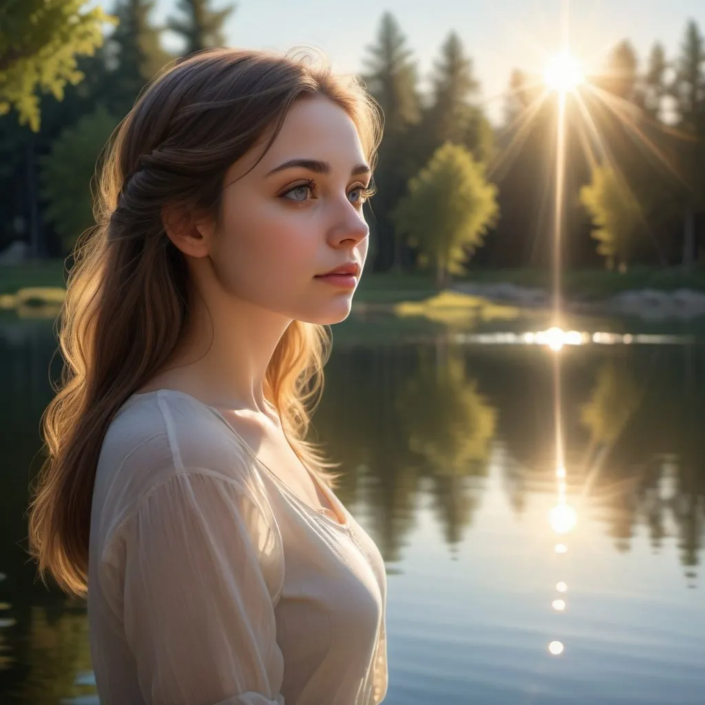 Prompt: Serene lakeside scene, sunlight dancing on water, beautiful girl gazing thoughtfully, elegant reflection, tranquil atmosphere, high quality, realistic, serene, detailed water reflection, elegant gaze, natural lighting, peaceful setting, detailed eyes, professional, atmospheric lighting