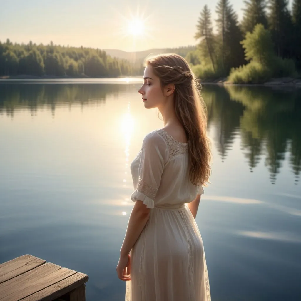 Prompt: Serene lakeside scene, elegant girl, sunlight dancing on water, thoughtful gaze into horizon, high quality, detailed, serene, elegant, tranquil, lakeside, sunlight reflections, thoughtful gaze, peaceful, natural lighting