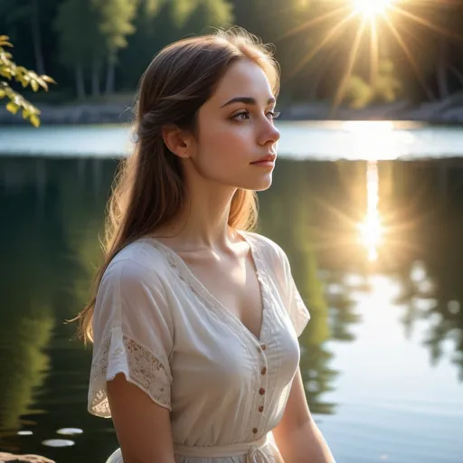 Prompt: Serene lakeside scene with sunlight dancing on water, beautiful girl gazing thoughtfully, elegant reflection, high quality, detailed, realistic, serene, lakeside, sunlight dancing, beautiful girl, thoughtful gaze, elegant reflection