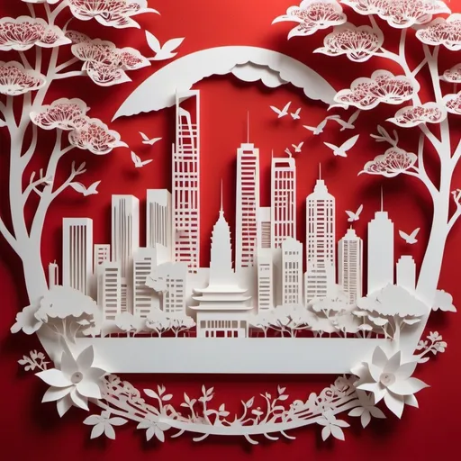 Prompt: paper cutting cityscape, (Shenzhen) skyline intricately designed, flowers blooming throughout, (fashionable) modern designs integrated, crisp details, high contrast shadows, warm light illuminating, serene yet dynamic ambiance, intricate silhouettes and layers, 4K ultra-detailed, artistic blend of culture and nature, capturing the essence of urban elegance, red and white
