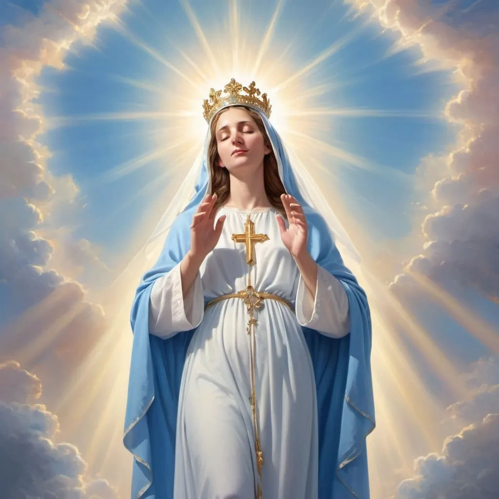 Prompt: realistic image of the crowning of the blessed virgin in heaven, blue robe, white veil