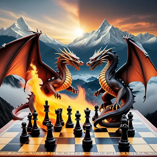 Prompt: flying dragons breathing fire with grand chessboard ground and breath taking mountain view and a king commanding mystical creatures to find on top of chessboard