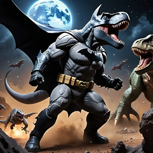 Prompt: Create a scene with Batman, in his classic dark suit and cape, engaged in an intense battle with a ferocious T-Rex dinosaur. The setting is outer space, with stars, distant planets, and nebulae in the background. Batman is using his gadgets, such as a batarang, while the dinosaur is roaring fiercely. The image should have a dynamic and action-packed feel, with vivid colors and dramatic lighting highlighting the clash between the hero and the dinosaur."