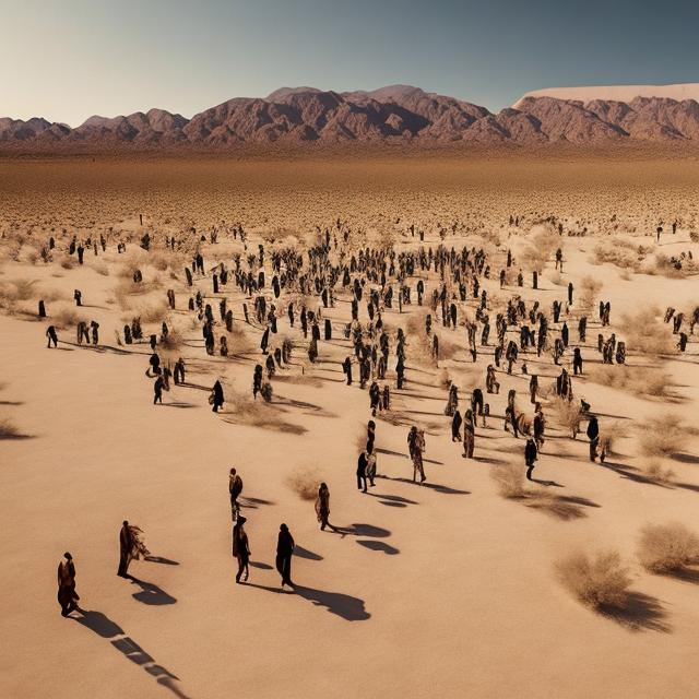 Prompt: draw a photorealistic image of hundreds of Jews wandering in the desert.