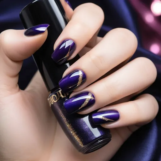 Prompt: A set of luxurious and elegant cat-eye nail art with a deep purple or deep blue base. The nails feature a stunning cat-eye effect created with magnetic gel polish, showing light streaks that shimmer and change with different angles. The design includes subtle gold or silver glitter accents and tiny gemstones or beads, placed on the side or base of the nails for an added touch of opulence. The nails are finished with a high-gloss top coat for a polished and sophisticated look, appealing to Western aesthetics
