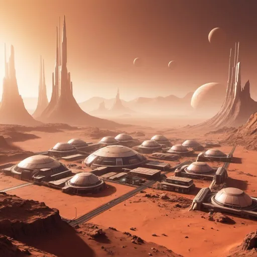 Prompt: an inhabited large town on Mars in the year 2095 at sunrise