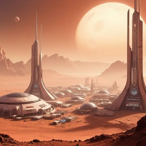 Prompt: an inhabited large town on Mars in the year 2095 at sunrise